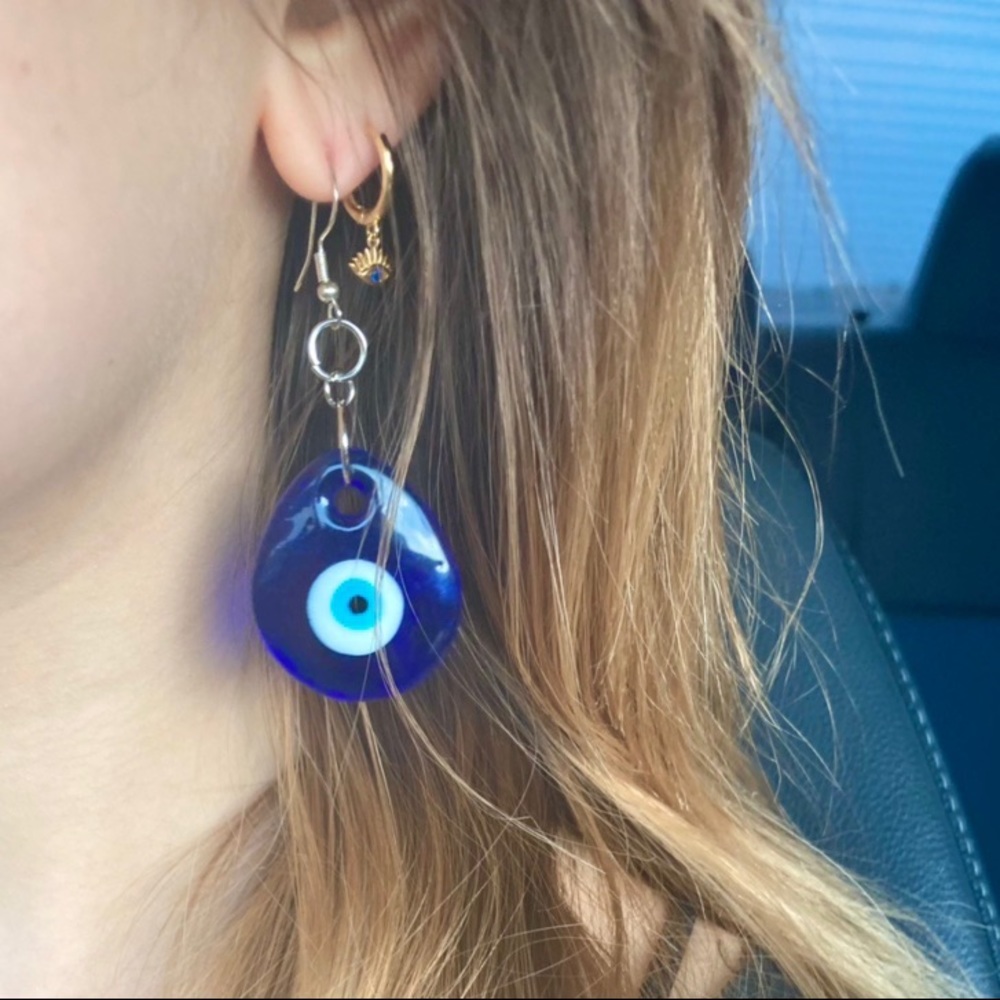 Large blue evil eye nazar dangle drop earrings